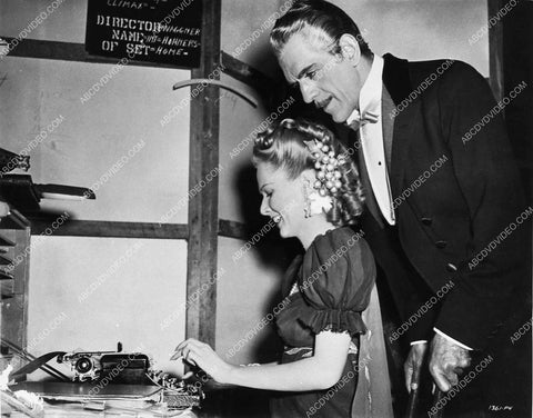 June Vincent typing away w Boris Karloff behind scenes film The Climax 1645b-28
