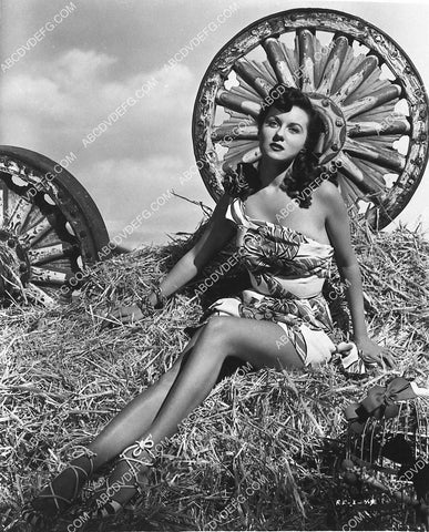 beautiful Rhonda Fleming sitting in the hay 3084-19