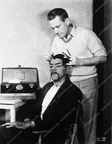Boris Karloff makeup art Cecil Holland behind scenes Mask of Fu Manchu 3727-08