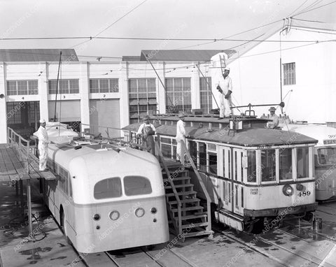 historic Los Angeles transit busses and trollies depot being washed 4b10-631