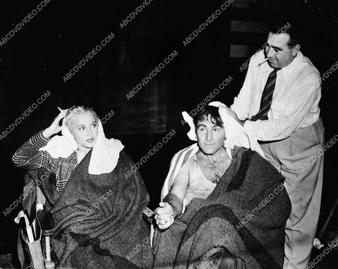Carole Landis Henry Wilcoxon drying off on set film Mystery Sea Raider 5481-30