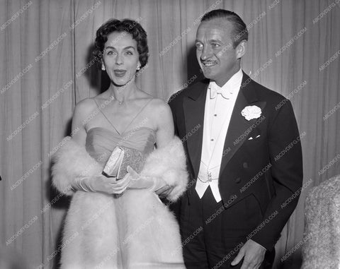 1958 Oscars David Niven and wife at Academy Awards aa1958-18</br>Los Angeles Newspaper press pit reprints from original 4x5 negatives for Academy Awards.