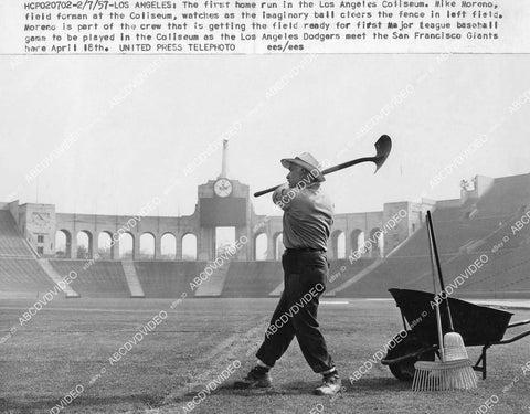 crp-01023 1957 historic Los Angeles Coliseum readied for Dodgers baseball season Mike Moreno field forman crp-01023