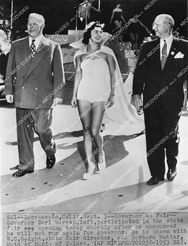crp-11755 1953 Calif Gov Earl Warren at State Fair w Maid of Magic Barbara Nutter & W.C. Wright crp-11755