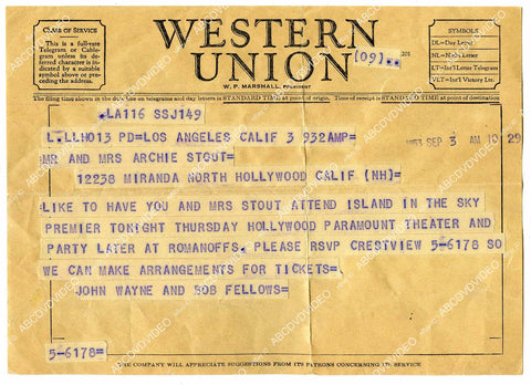 crp-16389 1953 Western Union Telegram John Wayne to Archie Stout attend film premiere Island in the Sky crp-16389