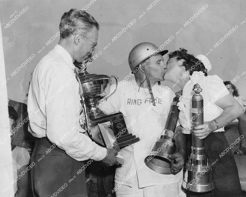 crp-00532 auto racing Al Santoro Eddie Meyer & wife Alberta Meyer w trophies at finish line crp-00532