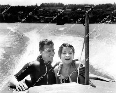 crp-08888 1963 handsome Karl Bohm, Dawn Addams water skiing on location Lake Vorthesee, Austria film Come Fly with Me crp-08888